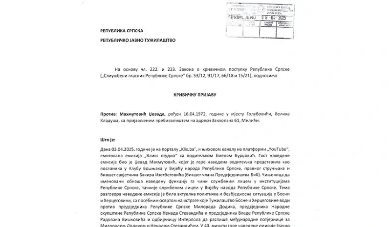 CRIMINAL COMPLAINT FILED AGAINST MAHMUTOVIĆ FOR INCITING MURDER