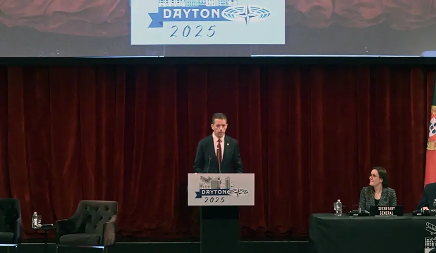 Serbian Minister of Foreign Affairs Marko Đurić speaking at the opening ceremony of the NATO Parliamentary Assembly session being held in Dayton.