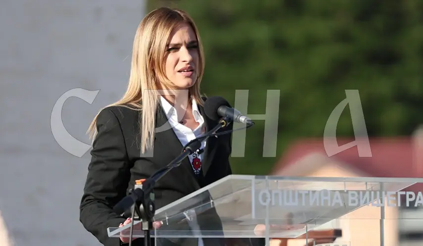 Serbia's Minister of Family, Youth and Sports, Milica Đurđević Stamenkovski while speaking at the event “Encounters on the Drina – Bridges of Serbian Unity” in Andrićgrad.
