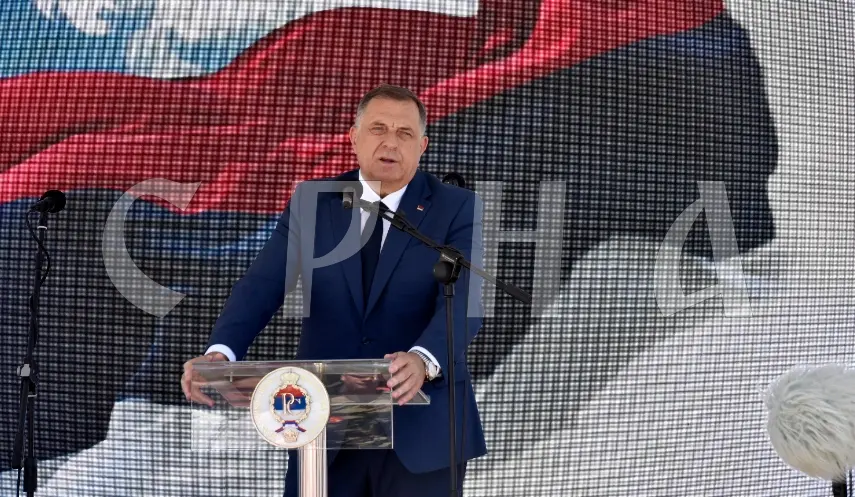The President of Republika Srpska Milorad Dodik while speaking at the commemoration of the 33rd anniversary of the Corridor Breakthrough at Duga Njiva near Modriča.