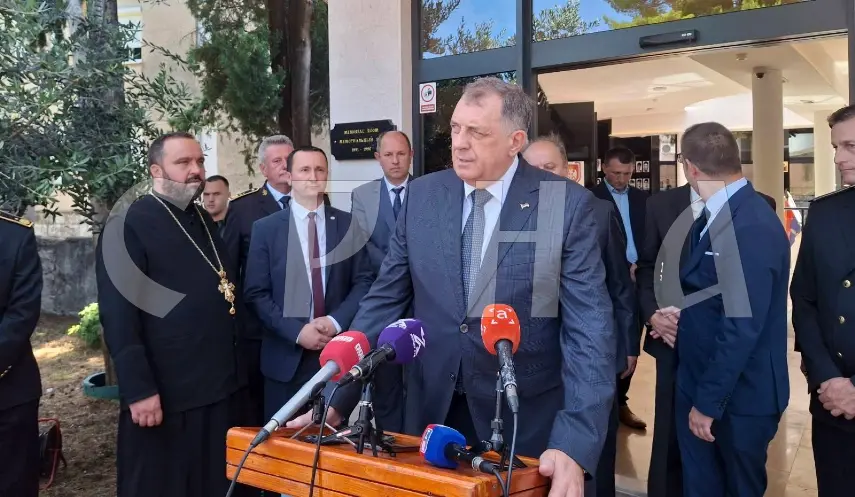 Republika Srpska President Milorad Dodik while speaking to reporters in Trebinje, where he attended the commemoration of Vidovdan, the patron saint’s day of the Republika Srpska Army and the Third Infantry Regiment.