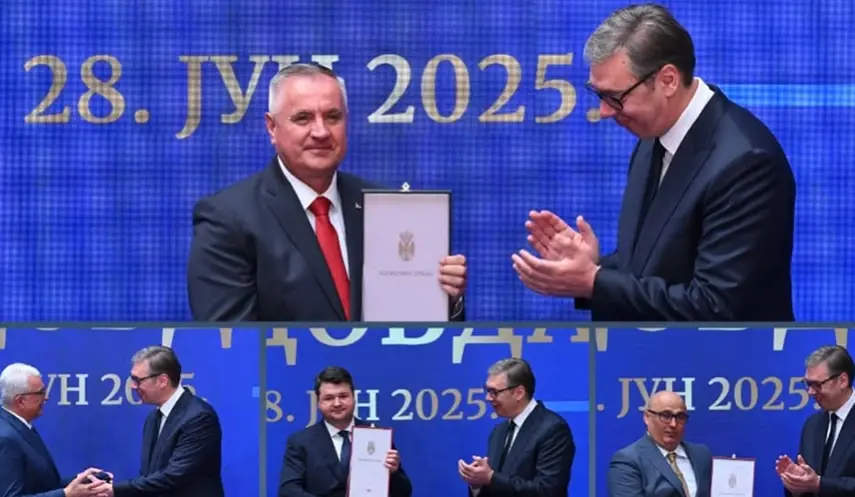 On the occasion of Vidovdan, Serbia's President Aleksandar Vučić presented today the Order of the Republic of Serbia on a Sash to the Prime Minister of Republika Srpska, Radovan Višković.