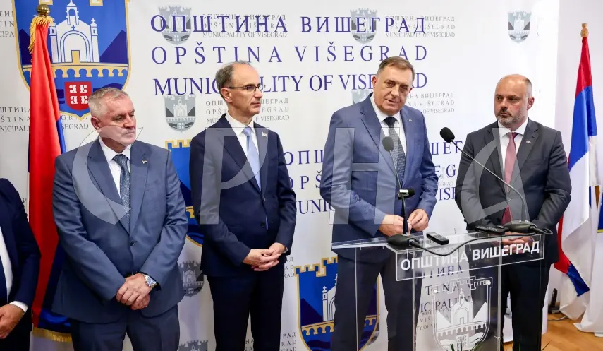 Republika Srpska President Milorad Dodik at a press conference in Višegrad.