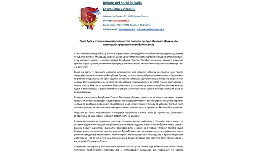 SUPPORT FROM ALLIANCE OF SERBS IN ITALY FOR THE PRESIDENT AND INSTITUTIONS OF REPUBLIKA SRPSKA