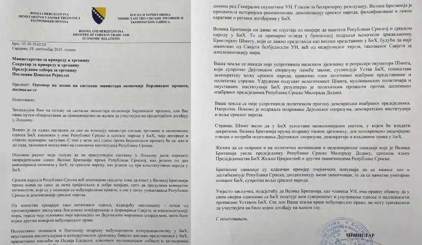 KOŠARAC REJECTS INVITATION TO ATTEND A MEETING IN LONDON DUE TO BRITAIN'S HOSTILE STANCE TOWARD SRPSKA