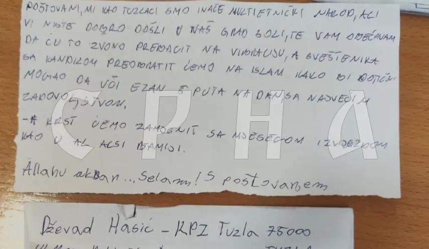 THREATS TO SERBS AND THE SERBIAN ORTHODOX CHURCH FROM TUZLA PRISON