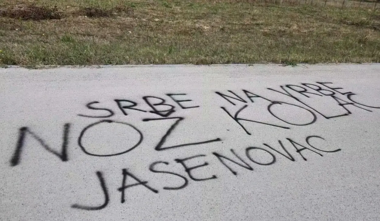 “HANG SERBS FROM THE WILLOWS” AND “KNIFE, STAKE, JASENOVAC” GRAFFITI FOUND IN SCHOOL YARD IN GRČICA